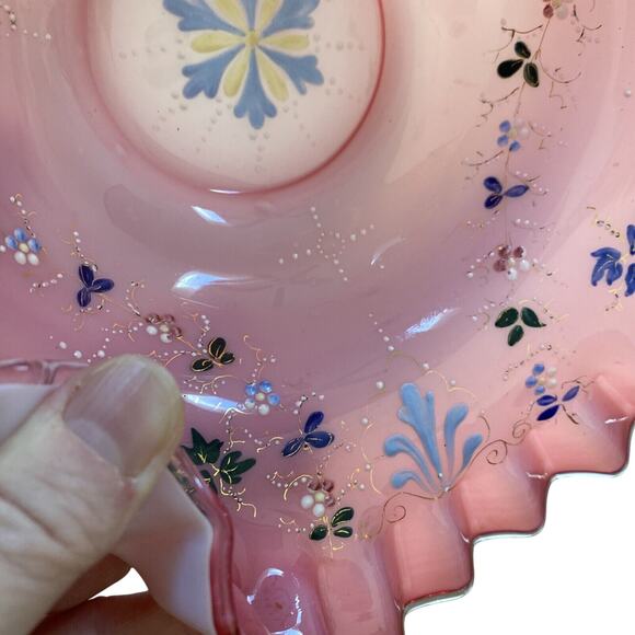 Victorian Brides Basket Bristol? Glass Cranberry Pink & White Bowl Enamel Design - Picture 5 of 10